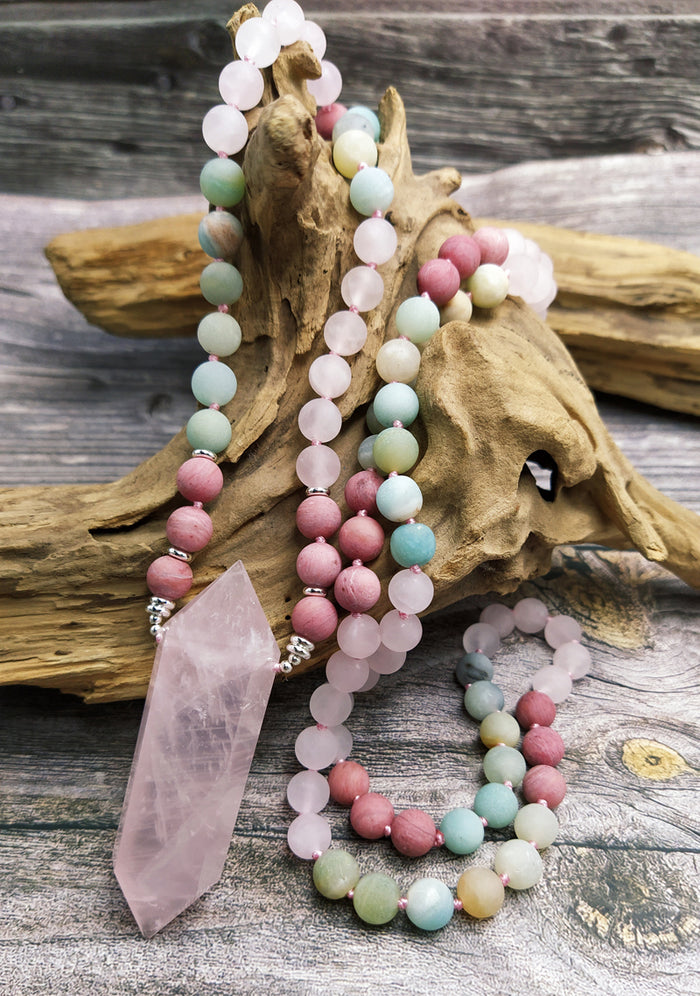 Natural Amazonite, Rhodonite & Rose Quartz Double Point Pendant Necklace