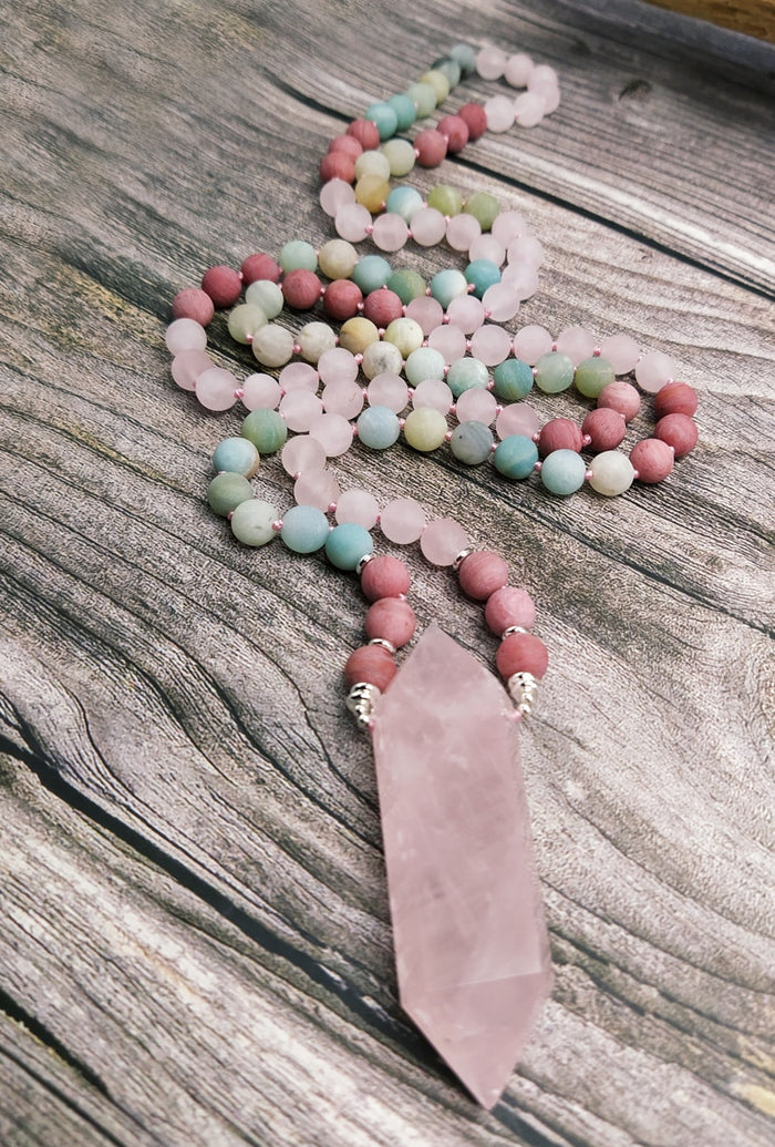 Natural Amazonite, Rhodonite & Rose Quartz Double Point Pendant Necklace