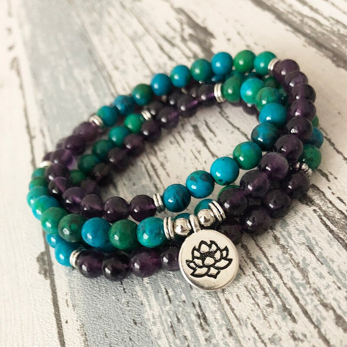 Natural Amethyst & Chrysocolla 108 Beads Mala Necklace Wrap Bracelet