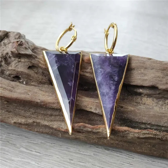 Natural Amethyst Gold Plated Triangular Earrings