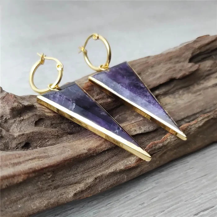 Natural Amethyst Gold Plated Triangular Earrings