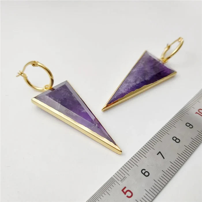 Natural Amethyst Gold Plated Triangular Earrings