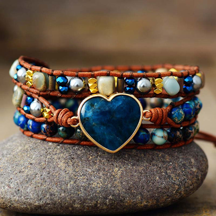 Natural Apatite & Jasper Leather Wrap Heart Bracelet