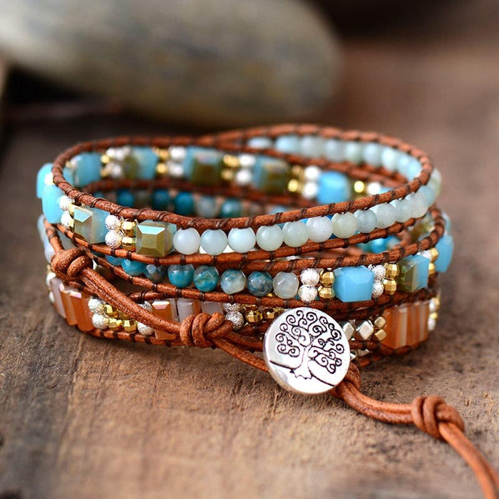 Natural Crystal Amazonite & Agate Stone Leather Wrap Bracelet