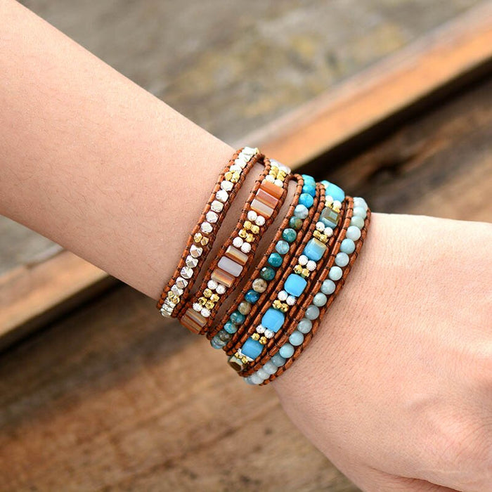 Natural Crystal Amazonite & Agate Stone Leather Wrap Bracelet