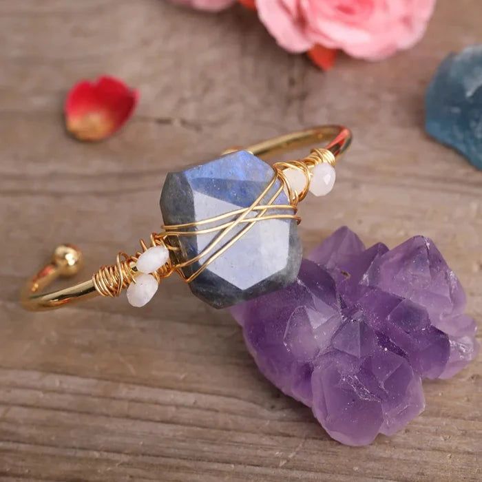 Natural Flash Labradorite Copper Wire Cuff Bracelet