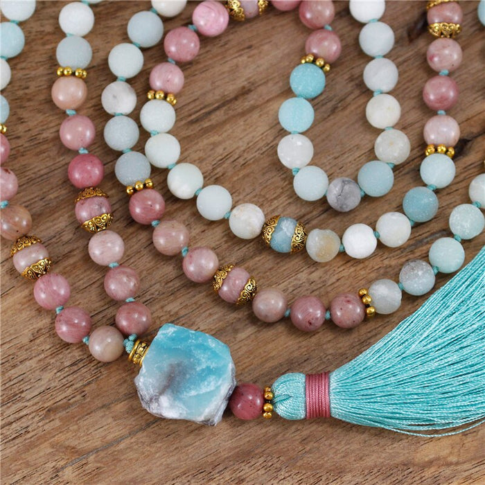 Natural Frosted Amazonite & Rhodonite 108 Beads Mala Necklace
