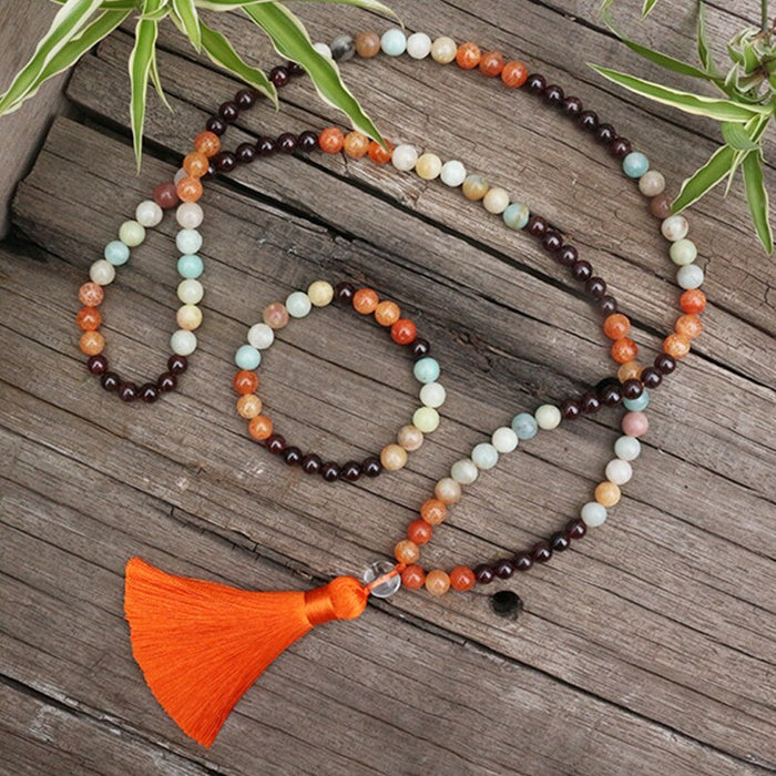 Natural Garnet, Orange Onyx & Amazonite 108 Beads Mala Necklace / Bracelet