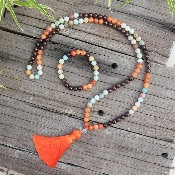 Natural Garnet, Orange Onyx & Amazonite 108 Beads Mala Necklace / Bracelet