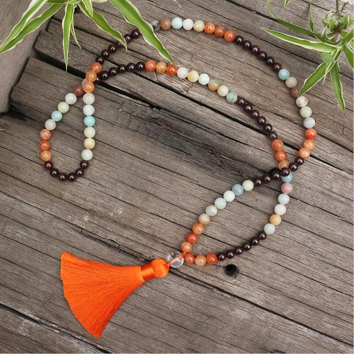 Natural Garnet, Orange Onyx & Amazonite 108 Beads Mala Necklace / Bracelet