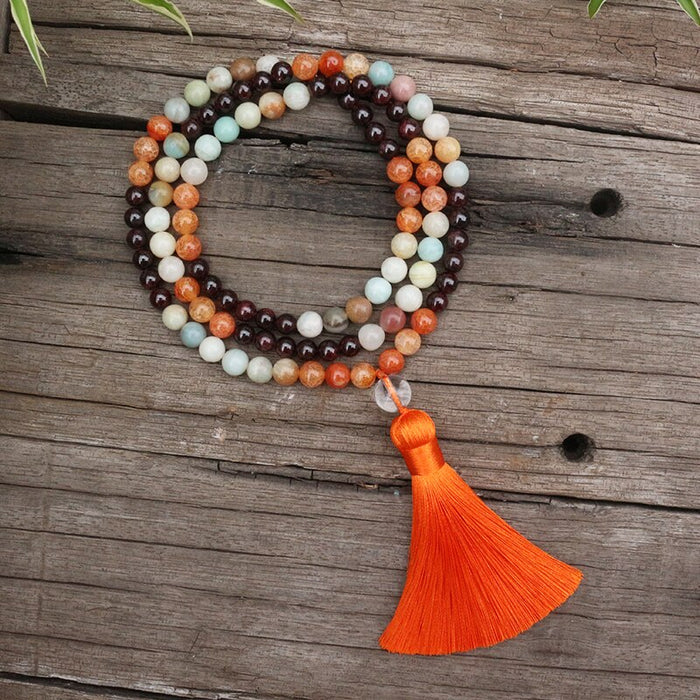 Natural Garnet, Orange Onyx & Amazonite 108 Beads Mala Necklace / Bracelet
