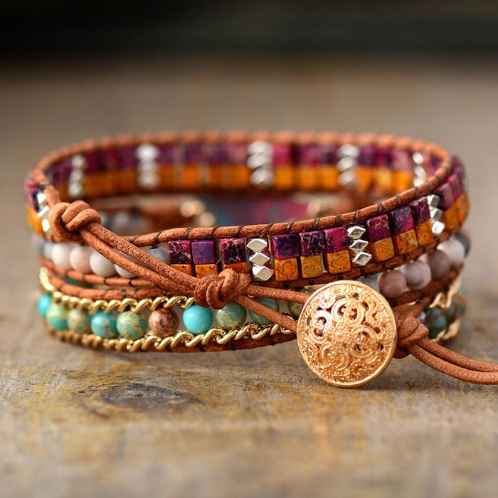 Natural Jasper & Agate Star Leather Wrap Bracelet