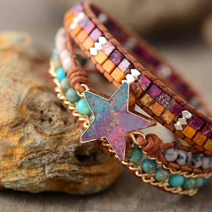 Natural Jasper & Agate Star Leather Wrap Bracelet