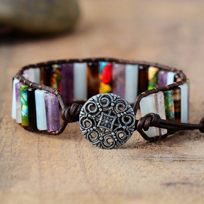 Natural Jasper, Amethyst, Aquamarine & Agate Leather Wrap Bracelet