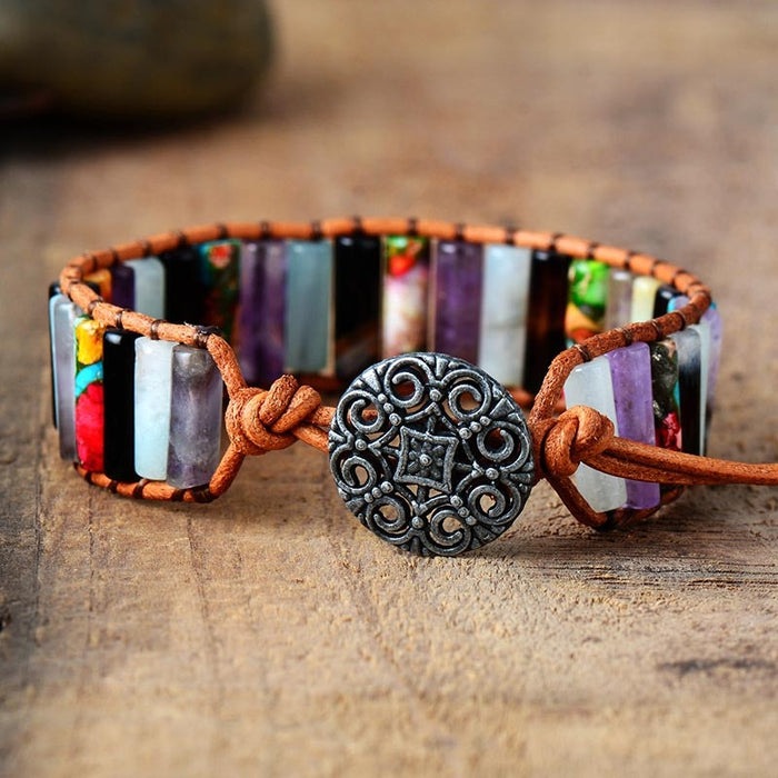 Natural Jasper, Amethyst, Aquamarine & Agate Leather Wrap Bracelet