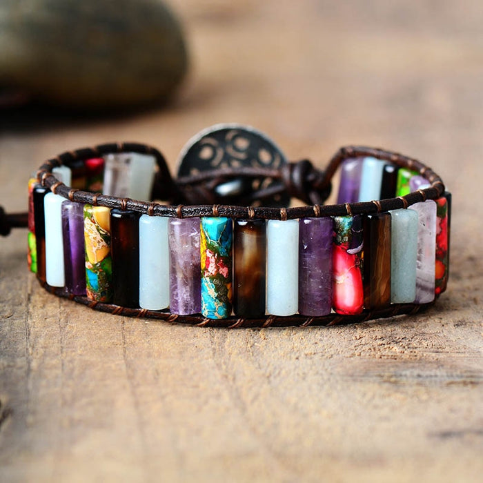 Natural Jasper, Amethyst, Aquamarine & Agate Leather Wrap Bracelet
