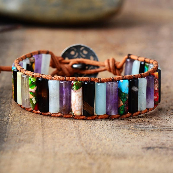 Natural Jasper, Amethyst, Aquamarine & Agate Leather Wrap Bracelet