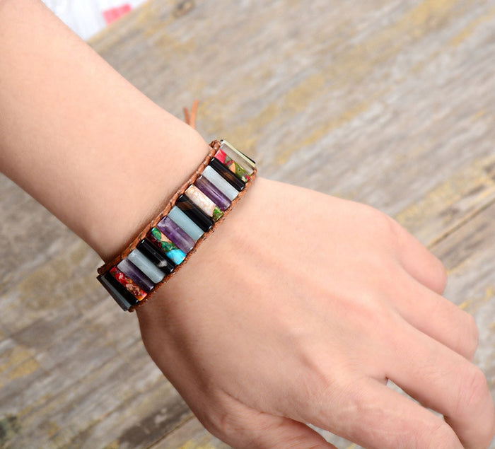 Natural Jasper, Amethyst, Aquamarine & Agate Leather Wrap Bracelet