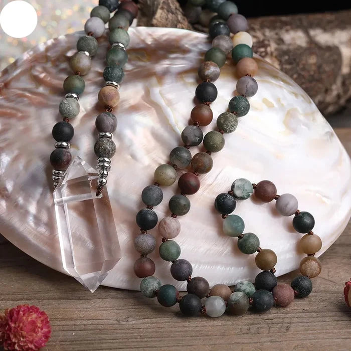 Natural Ocean Jasper & Clear Quartz Double Point Pendant Necklace
