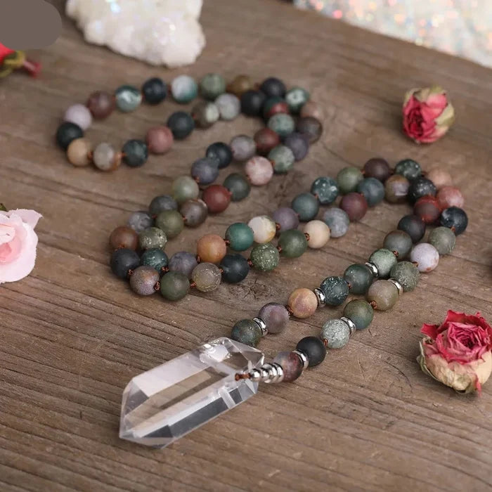Natural Ocean Jasper & Clear Quartz Double Point Pendant Necklace