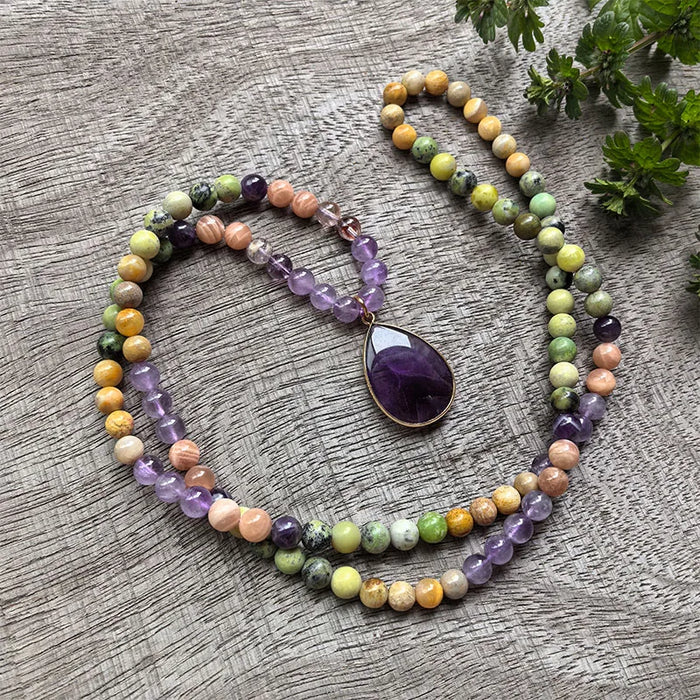 Natural Rhochrosite Amethyst Sunstone & Jade 108 Beads Mala Bracelet Necklace Set
