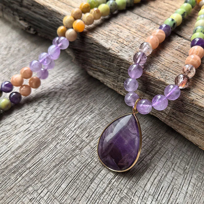 Natural Rhochrosite Amethyst Sunstone & Jade 108 Beads Mala Bracelet Necklace Set
