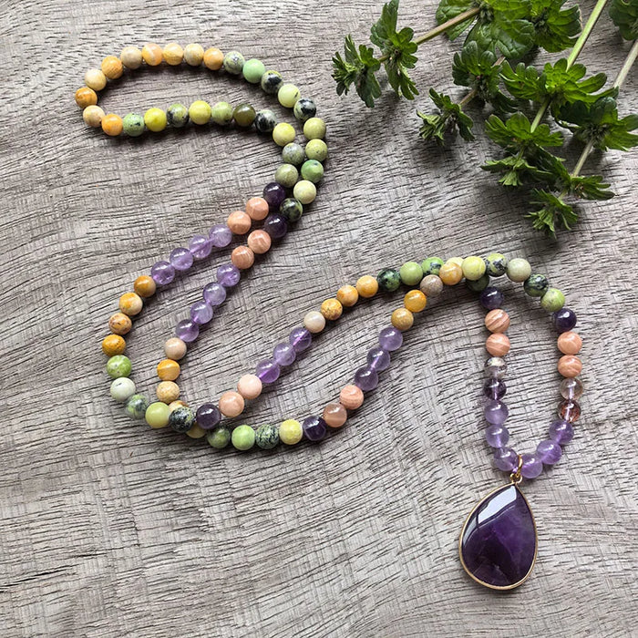 Natural Rhochrosite Amethyst Sunstone & Jade 108 Beads Mala Bracelet Necklace Set