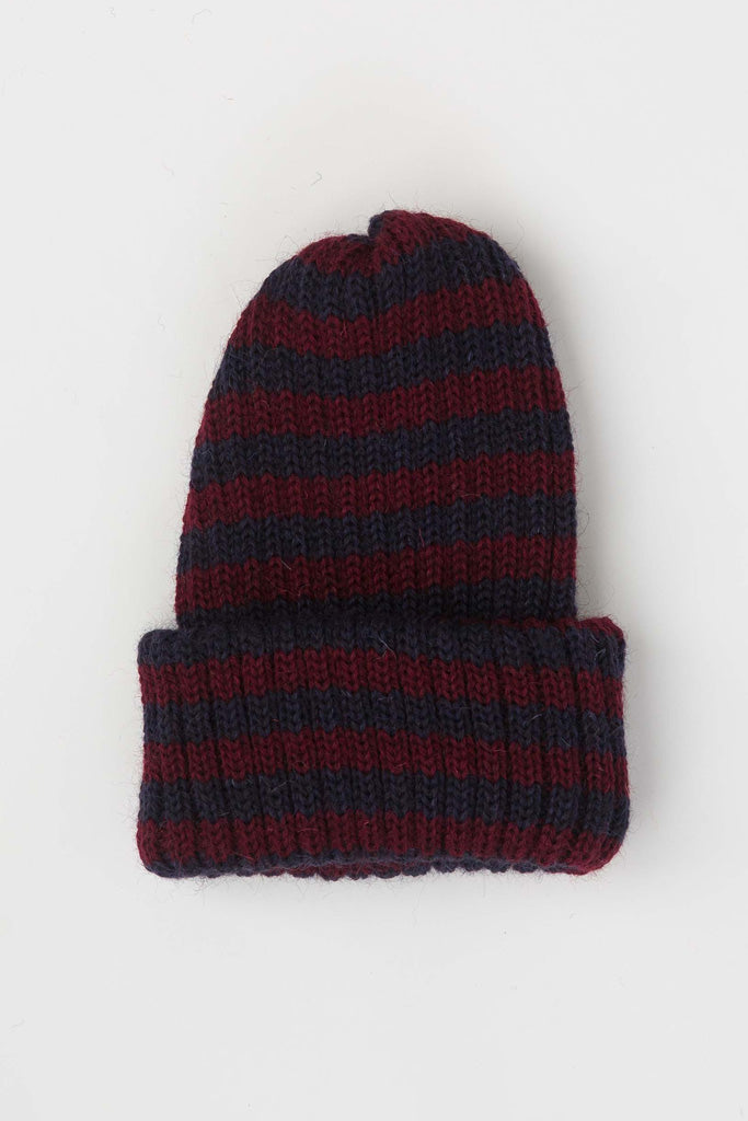 Navy & Burgundy Striped Knitted Beanie