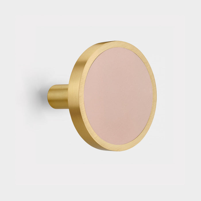 Pair of Brass & Pink Leather Curtain Tie Backs in Gold – rear view