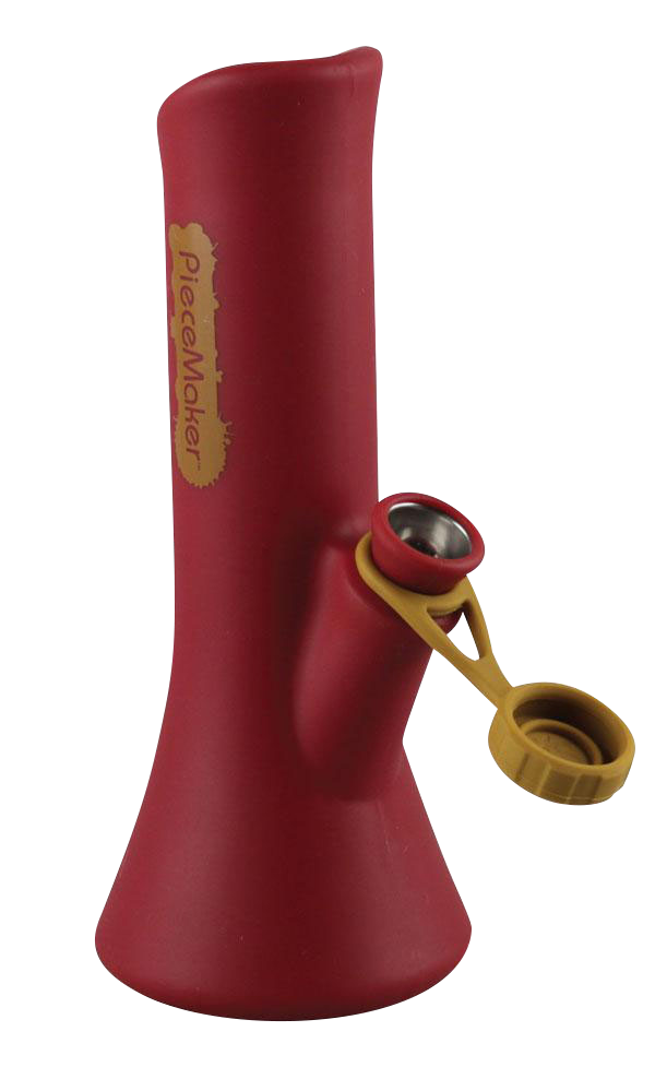 A front view of the PieceMaker "KaliGo" Silicone Bong, showcasing its vibrant red color and unique, curved design.