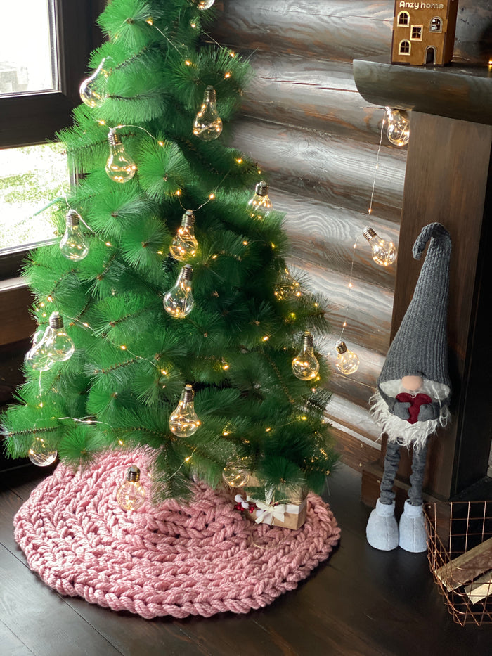 Pink Chunky-Knitted Christmas Tree Skirt | US Stock