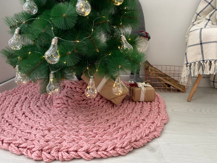 Pink Chunky-Knitted Christmas Tree Skirt | US Stock