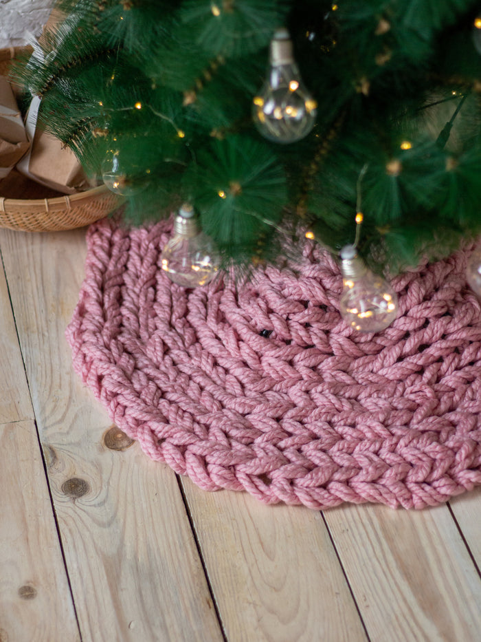 Pink Chunky-Knitted Christmas Tree Skirt | US Stock