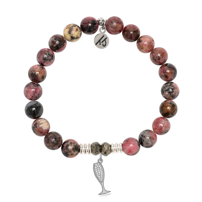 Pink Rhodonite Gemstone Bracelet with Cheers Sterling Silver Charm