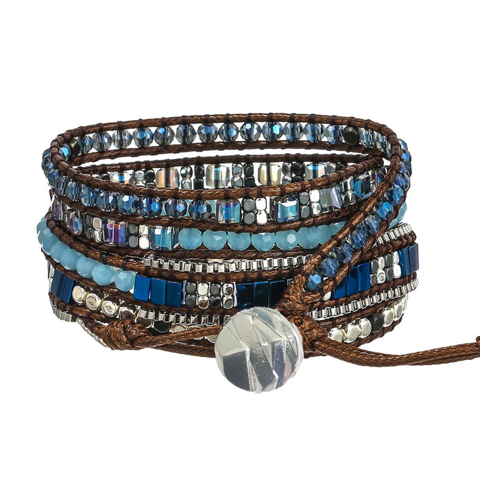 Plated Brass Beads, Crystal & Hematite Leather Wrap Bracelet