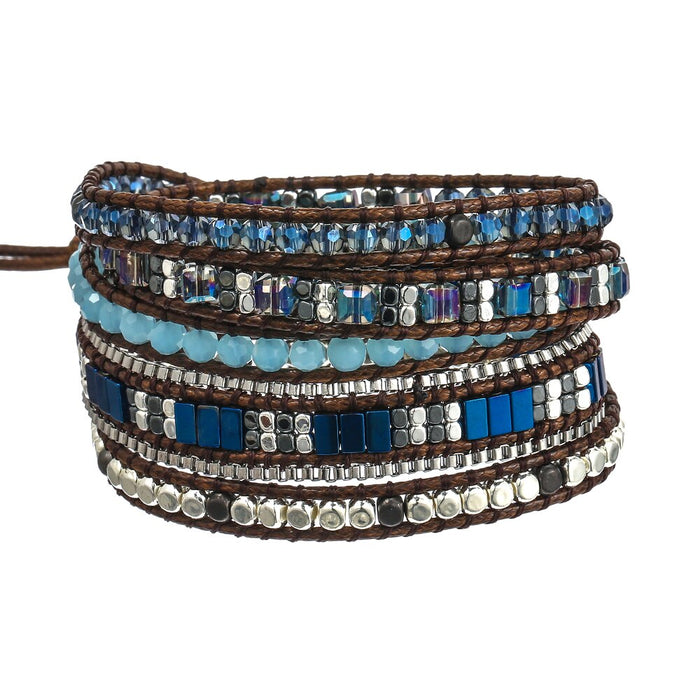 Plated Brass Beads, Crystal & Hematite Leather Wrap Bracelet