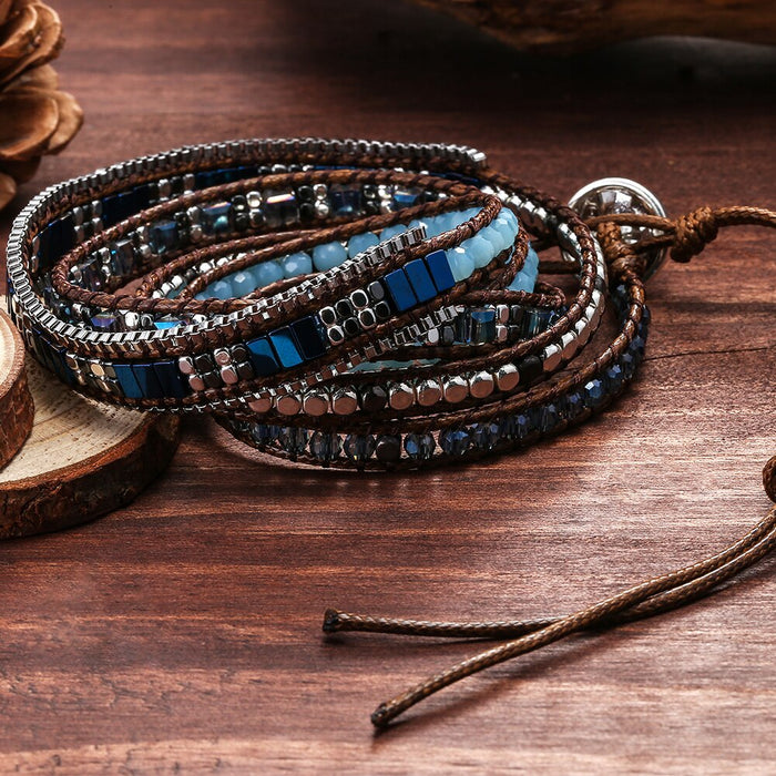 Plated Brass Beads, Crystal & Hematite Leather Wrap Bracelet
