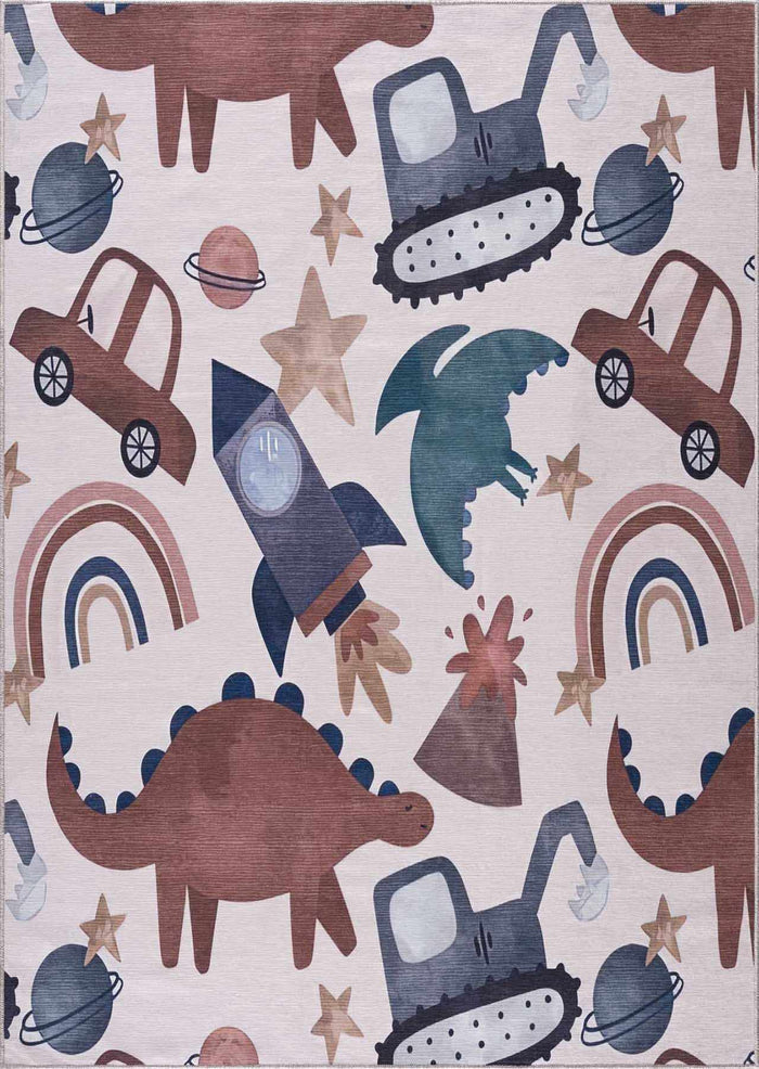 Playful Light Pink, Brown and Charcoal Washable Kids Rug with Cartoon Printed - The Rug Decor