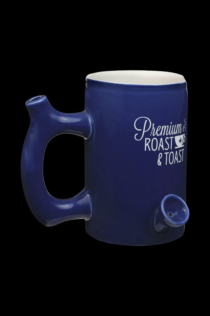 Blue ceramic mug with a built-in pipe and text reading "Premium Roast & Toast."