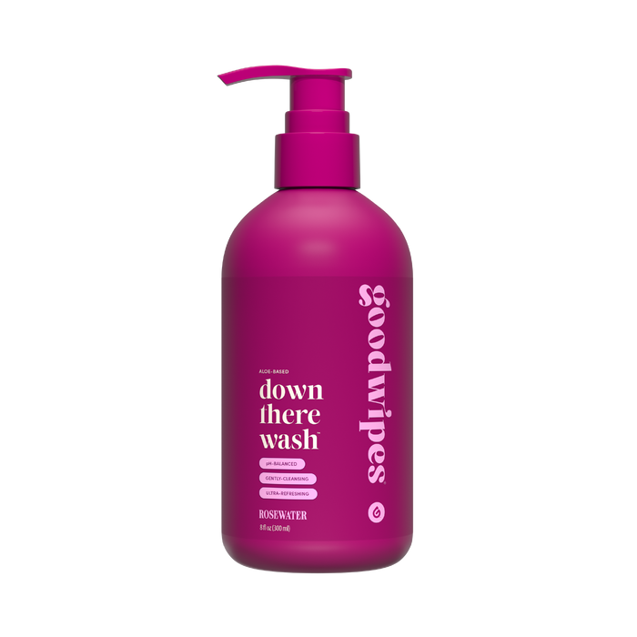 One bottles of 'goodwipes' rosewater down there wash on a white background