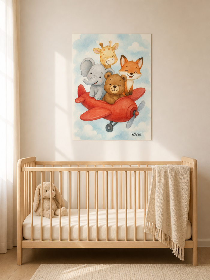 Safari Airplane Nursery Wall Art Matte Poster 30x40 18x24  Animal Plane Print Giraffe Elephant Bear Fox| Baby Room Decor Kids Wall Art