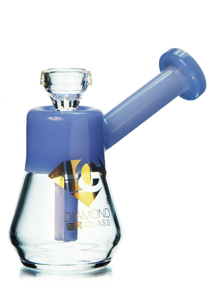 A small bubbler with a 14mm removable bowl piece in clear and blue lavender colors by Diamond Glass.