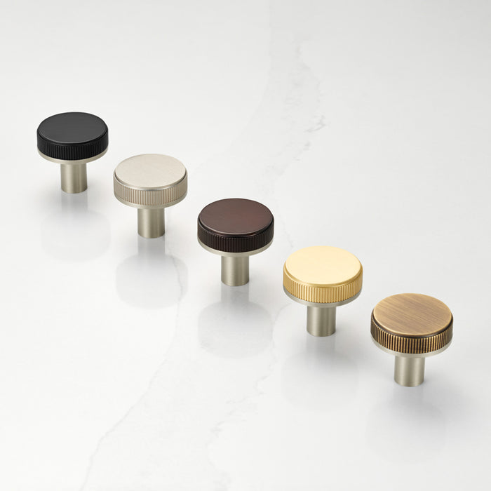 Silver Brass Door Knobs with Linear Top In Gold – installed view