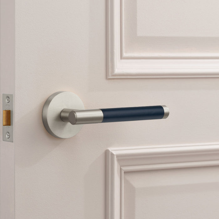 Silver Brass Door Lever Handle with Leather in Blue