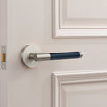 Silver Brass Door Lever Handle with Leather in Blue