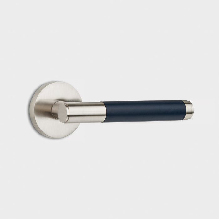 Silver Brass Door Lever Handle with Leather in Blue – product view 2