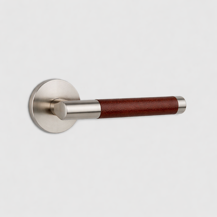 Silver Brass Door Lever Handle with Leather in Brown – product view 2