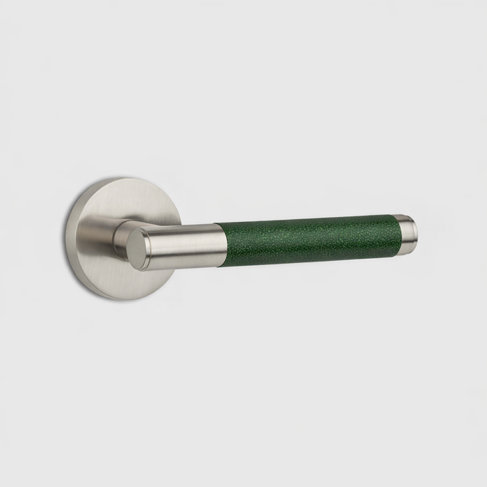 Silver Brass Door Lever Handle with Leather in Green – product view 2