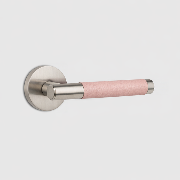 Silver Brass Door Lever Handle with Leather in Pink – product view 2