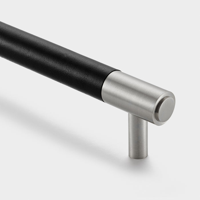 Silver Brass Leather Cabinet Handles in Black